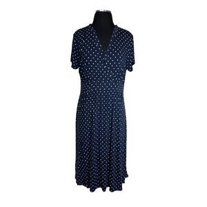 L. L. Bean Summer Knit Dress Short Sleeve Polka Dot Blue White Sz L Jersey Knit